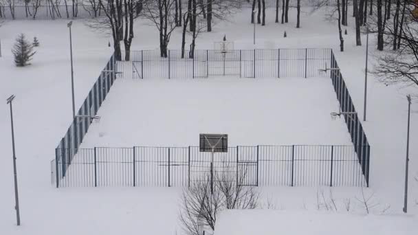 Overdekt Met Sneeuw Sportterrein Het Stadspark Mistige Winterdag — Stockvideo