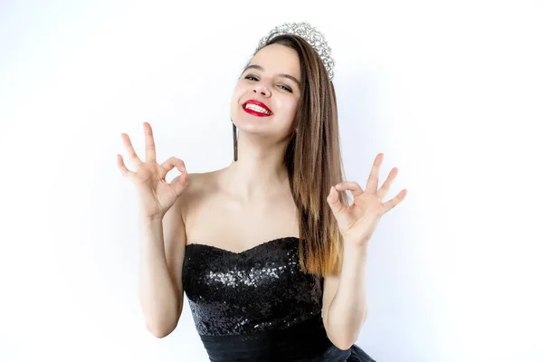 Confident Beautiful Young Woman Elegant Black Dress Showing Hand Sign — Stock Photo, Image