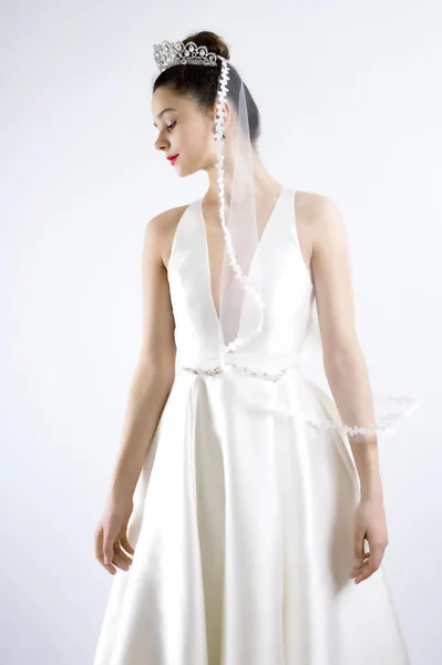 Retrato Uma Noiva Vestido Noiva Moda Com Arco Com Vestido — Fotografia de Stock