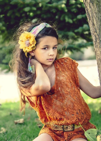Mooi Klein Meisje Brunette Met Lang Haar Een Haarspeld Vorm — Stockfoto