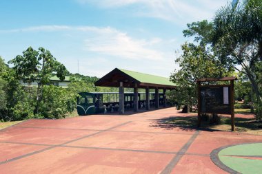 Puerto Iguazu, Argentina - November 24, 2019: Train Station wich connects the different areas of Iguazu National Park in Misiones, Argentina clipart