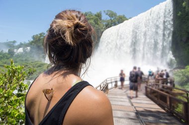 Arka planda Iguazu Şelalesi 'nde San Martin' in Düşüşünü İzleyen Kadın