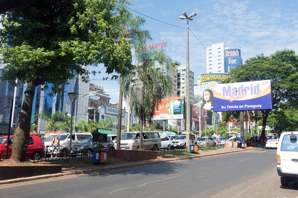 Ciudad Del Este, Paraguay - November 24, 2019: Cityscape of The Paraguayan border town of Ciudad del Este. Ciudad del Este is a commercial city, and is one of the largest free-trade zones in the world