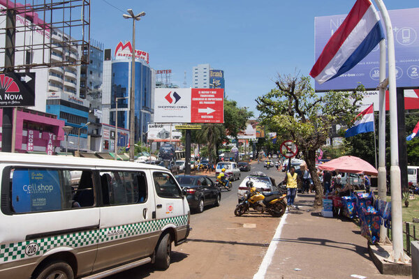 Ciudad Del Este, Paraguay - November 24, 2019: Cityscape of The Paraguayan border town of Ciudad del Este. Ciudad del Este is a commercial city, and is one of the largest free-trade zones in the world