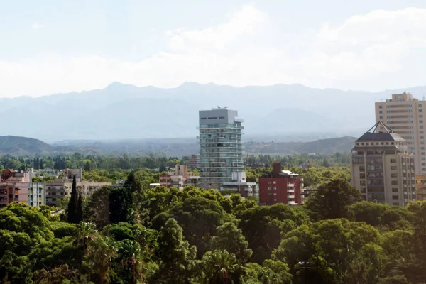 Skyline Mendoza City Andes Mountain Range Background — стоковое фото