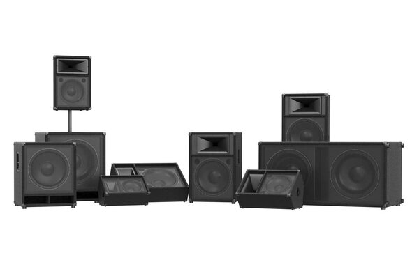 Speakers audio loud black woofer electronic, front view. 3D rendering
