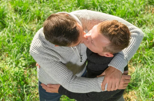 ゲイのカップルが野外でキスを愛する ストックフォト