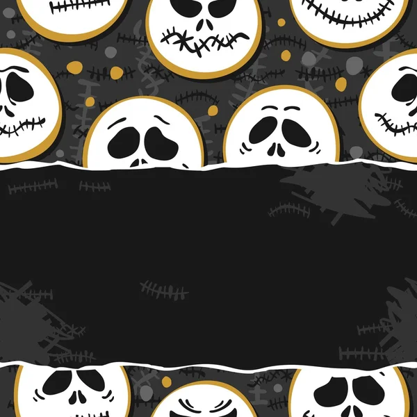 Blanco miedo caras patrón de temporada de Halloween sobre fondo oscuro con papel roto oscuro lugar horizontal para su texto — Vector de stock