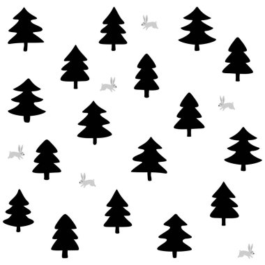 Tavşanlar yaban hayatı orman hayvanları ile karikatür tarzı mevsimlik kış Dikişsiz desen beyaz arka plan üzerinde