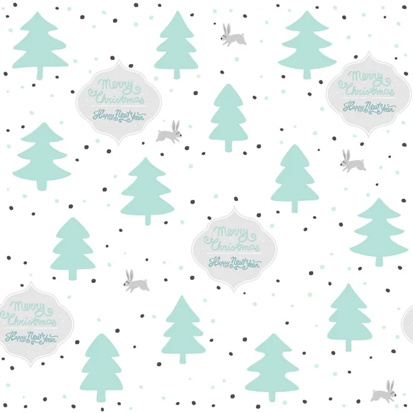 Conejos vida silvestre bosque con animales dibujos animados estilo pastel menta turquesa temporada invierno patrón sin costuras sobre fondo blanco con deseos en inglés — Vector de stock