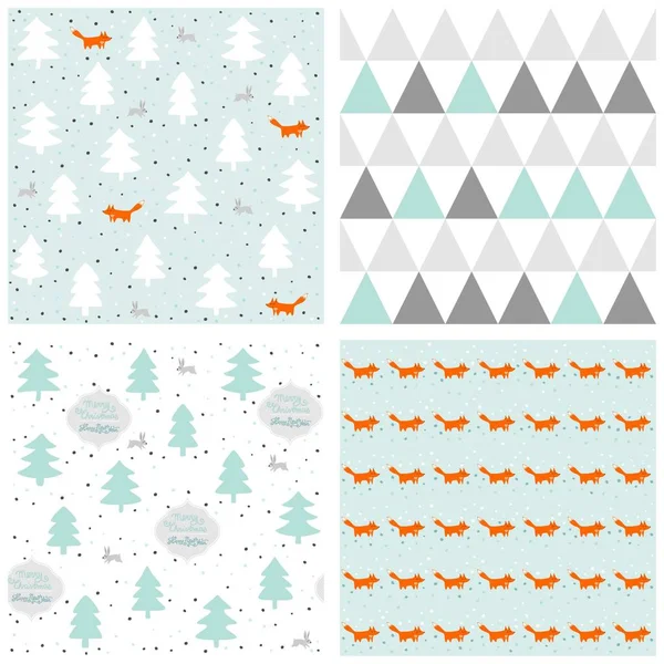 Tilki, tavşan, Noel ağaçları ve geometri rakamlar — Stok Vektör