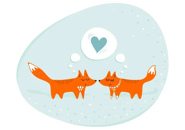 Red foxes male female in love animals cartoon style seasonal winter romantic love illustration on pastel mint background — Stock Vector