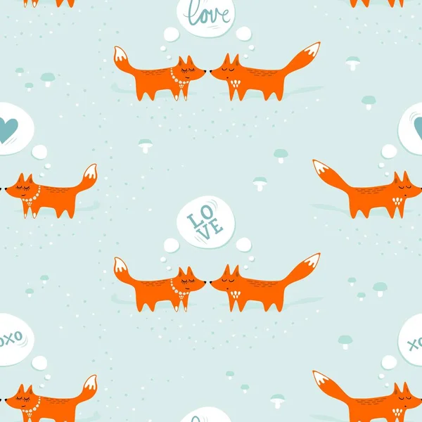 Rode vossen man vrouw in liefde dieren cartoon stijl seizoensgebonden winter verliefdheid naadloze patroon op de achtergrond van de pastel mint — Stockvector