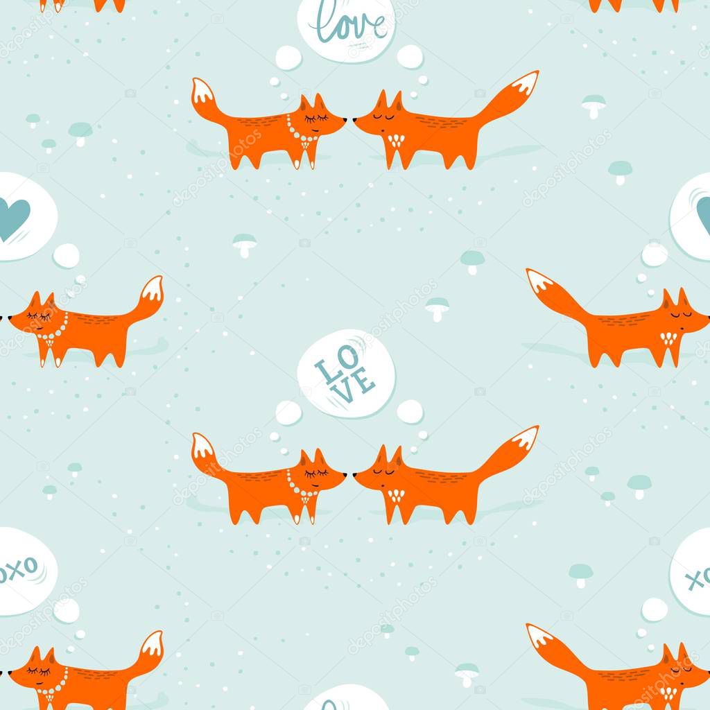 red foxes male female in love animals cartoon style seasonal winter romantic love seamless pattern on pastel mint background