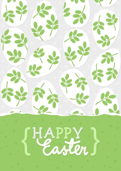 Happy Easter card with messy white eggs with green leaf motif and wishes in English — Stock Vector