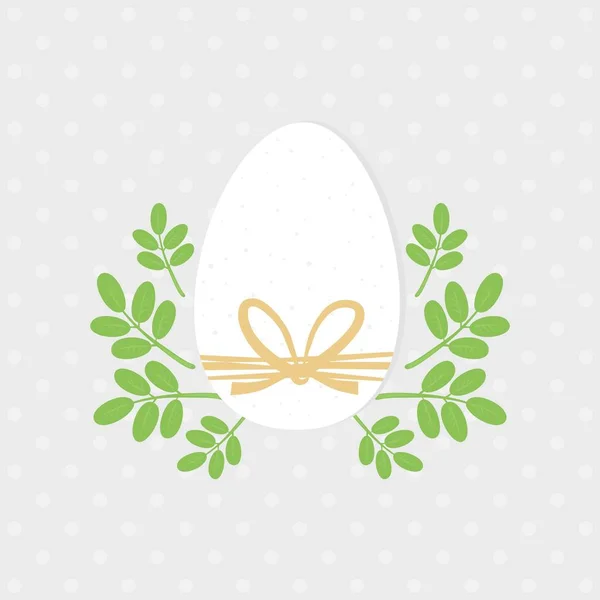Белые яйца с рафией и мотив зеленого листа венка вокруг, векторный Пасхальный фон с горошек — стоковый вектор