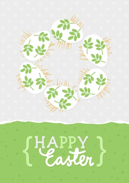 Cartão de Páscoa feliz com ovos brancos bagunçados com motivo de folha verde —  Vetores de Stock