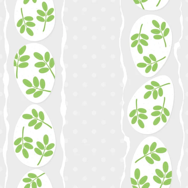 Huevos blancos desordenados con motivo de hoja verde Pascua borde vertical doble sin costuras — Vector de stock