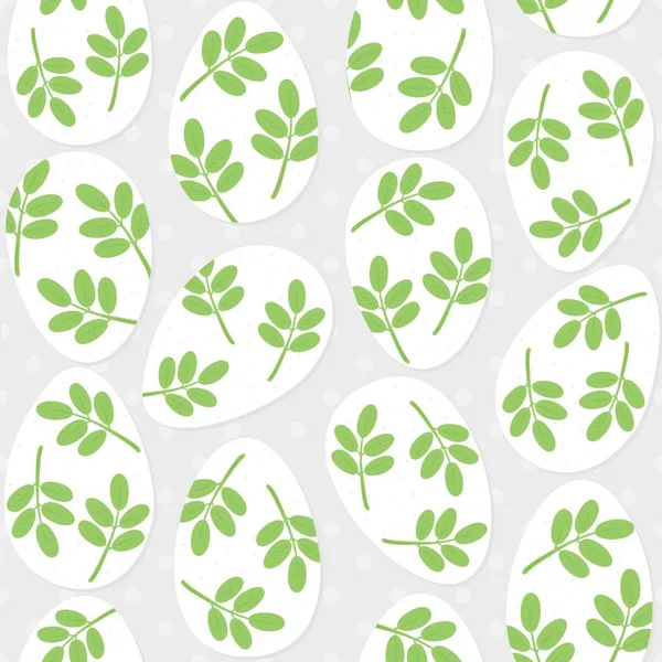 Messy white eggs with green leaf motif Easter seamless pattern — Stock Vector