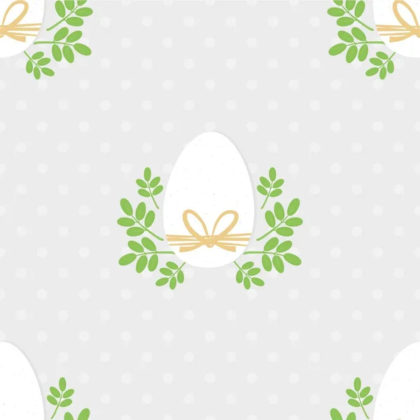 White eggs with green leaf motif around Easter seamless pattern — Stock Vector