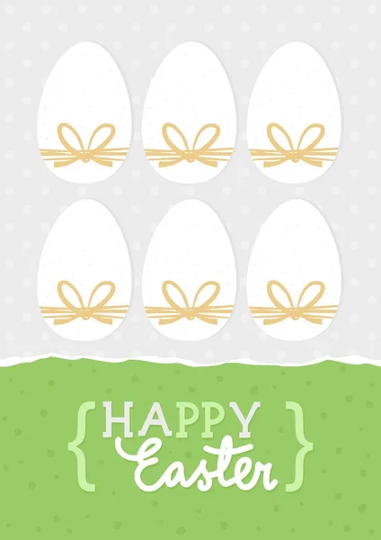 Happy Easter card with white eggs and raffia ribbons — Stock Vector