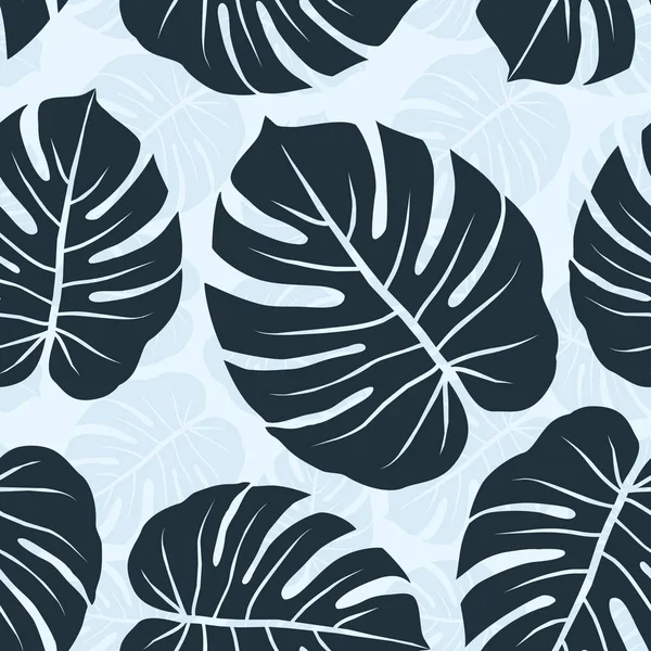 Σκούρο Μονστέρα Εξωτικά Απρόσκοπτη Μοτίβο Φύλλα Ανοιχτό Μπλε Φόντο — Διανυσματικό Αρχείο