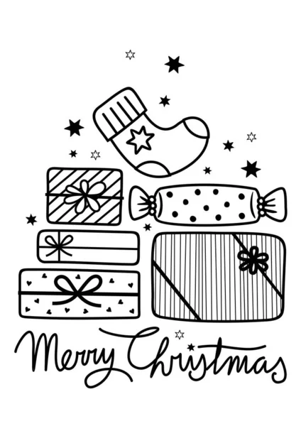 クリスマスの靴下の贈り物は 白の背景に隔離された英語で願いと冬の休日の新しい装飾されたボックスとパッケージ黒の白いお祝いベクトルイラストを提示します — ストックベクタ