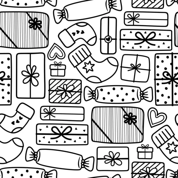 クリスマスの靴下の贈り物は冬の休日の新年の装飾された箱とパッケージ黒白のお祝いベクトルシームレスパターン — ストックベクタ
