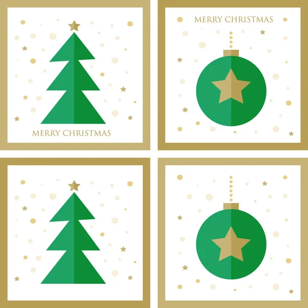 Groen Goud Eenvoudige Kerstboom Versierd Wintervakantie Cadeaukaart Set — Stockvector