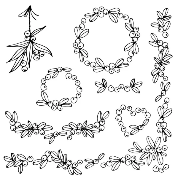 Foglie Bacche Disegnate Mano Decorativo Monocromatico Cornice Bordo Cuore Natale — Vettoriale Stock