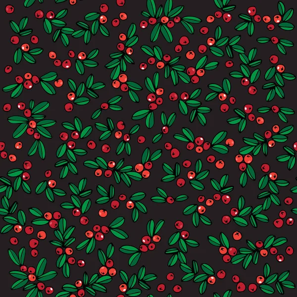 叶子和浆果手绘装饰单色花环圣诞感恩节佳节病媒无缝图案隔离在黑暗的背景下 — 图库矢量图片