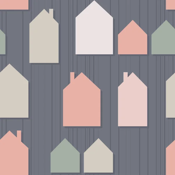 Kleine Bunte Häuser Vektor Nahtlose Muster Auf Grauem Hintergrund — Stockvektor