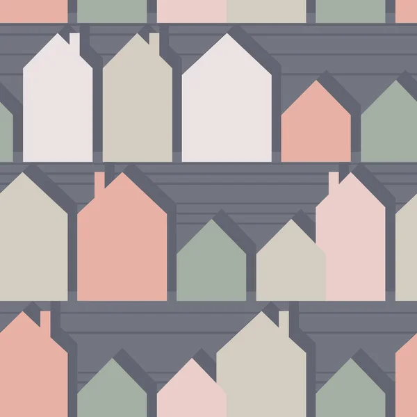 Little Colorful Houses Horizontal Rows Vector Seamless Pattern Gray Background — Stock Vector