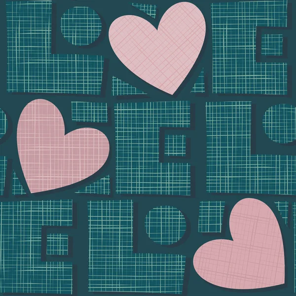 Love Text Green Letters Pink Heart Romantic Seamless Pattern Dark — 스톡 벡터