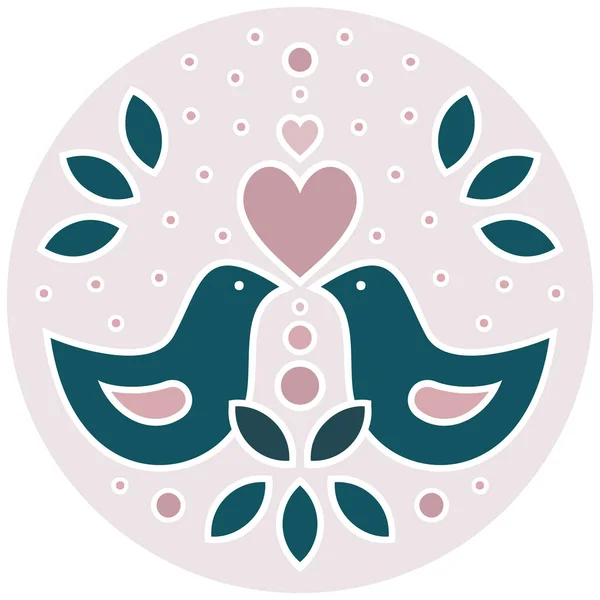 Vögel Der Liebe Folk Cartoon Zeichnung Herzstück Illustration Auf Rosa — Stockvektor