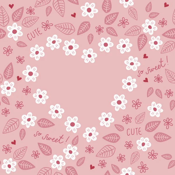 绽放的草地上的小白花 粉红花和凌乱的树叶 粉色背景的季节性花香卡片 — 图库矢量图片