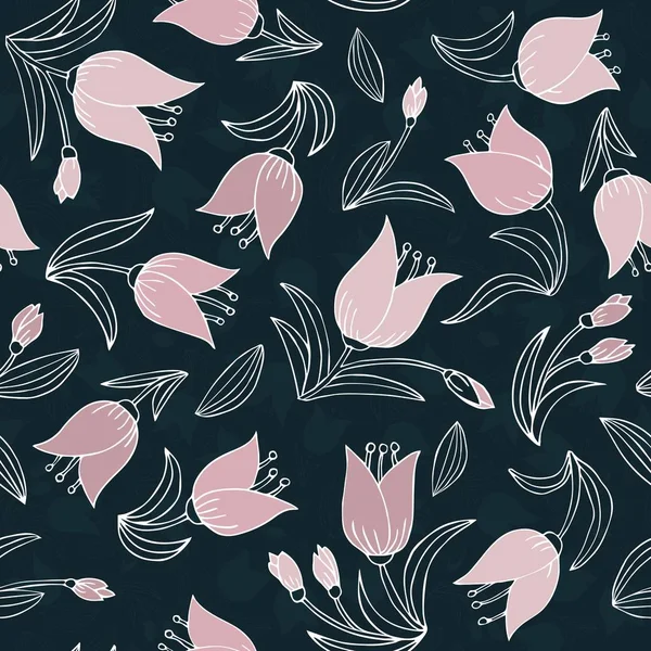 ロマンチックなチューリップ手描かれたドアピンクホワイトリニア春夏植物シームレスパターン上の暗い背景 — ストックベクタ