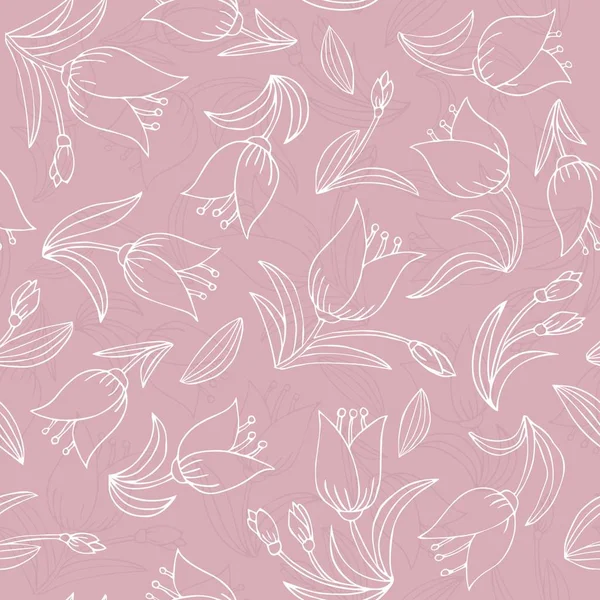 낭만적 Doodle Monochrome Linear Spring Summer Botanical Seamless Pattern Pink — 스톡 벡터