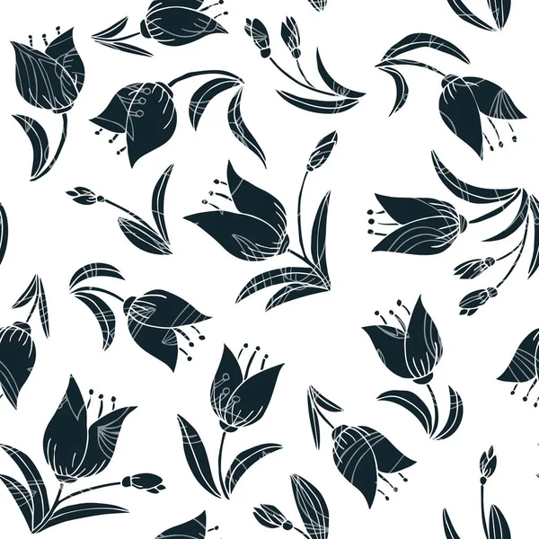 ロマンチックなチューリップ手描かれたドアモノクロームグランジ春夏植物シームレスパターン上の白い背景 — ストックベクタ