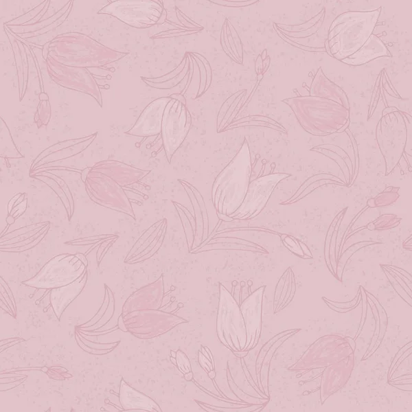 ロマンチックなチューリップ手描きドアモノクロームグランジ春夏植物シームレスパターン上のピンクのテクスチャの背景 — ストックベクタ