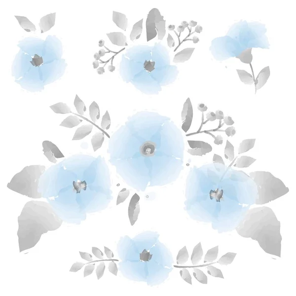 Azul Resumo Aquarela Flor Kit Vetor Ilustração Isolada Sobre Fundo — Vetor de Stock