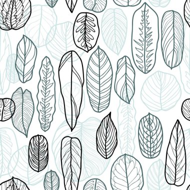 Katmanlı çizgisel egzotik dekoratif beyaz arkaplan çam naneli siyah beyaz vektör tekrarı deseni üzerinde botanik dikişsiz desen bırakır