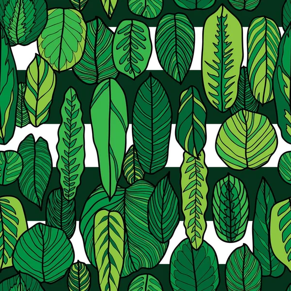 Bunte Exotische Dekorative Blätter Botanisches Nahtloses Muster Auf Gestreiftem Hintergrund — Stockvektor