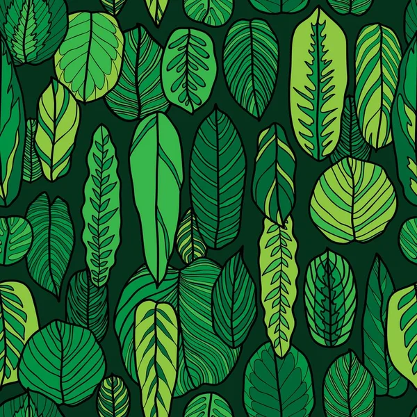 Bunte Exotische Dekorative Blätter Botanisches Nahtloses Muster Auf Dunklem Hintergrund — Stockvektor