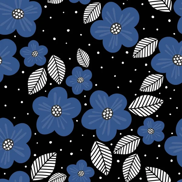 Fleurs Bleues Feuilles Noires Printemps Été Frais Botanique Texturé Motif — Image vectorielle