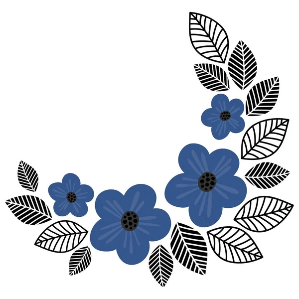 蓝色的花 黑色的叶 春天的叶 夏天新鲜的植物 半环花冠中心装饰底牌招贴画元素 独立于白色背景 — 图库矢量图片