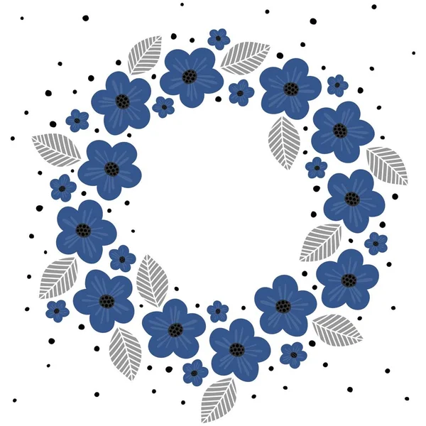 Blue Tiny Flowers Gray Leaves Spring Summer Fresh Botanical Wreath — Stock Vector