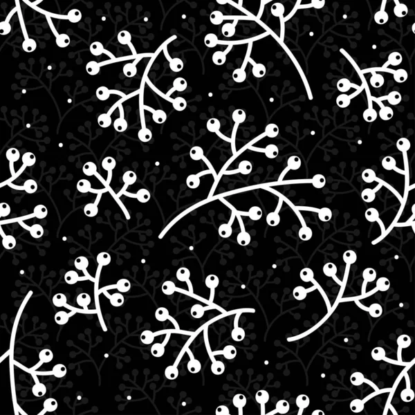ロウアンベリークランベリーの枝モノクローム黒と白の手書き秋のグラフィック植物のシームレスなパターン黒点線の背景に隔離 — ストックベクタ