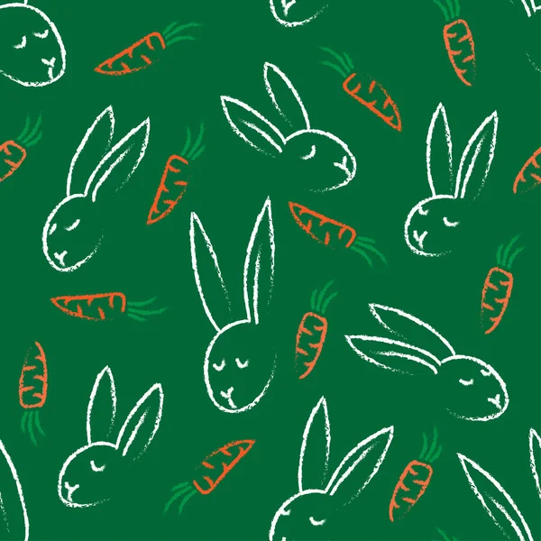 小兔子和胡萝卜涂鸦杂乱的五彩斑斓的动物植物学复活节彩绘图案隔离在绿色背景上 — 图库矢量图片