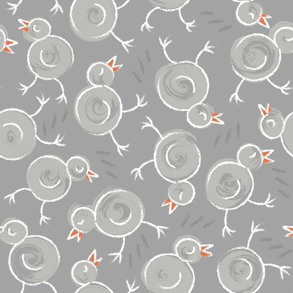 小さな鶏や花灰色の白オレンジ色の線形手が乱雑な季節の春を描きました青の背景にイースターホリデー動物パターン — ストックベクタ